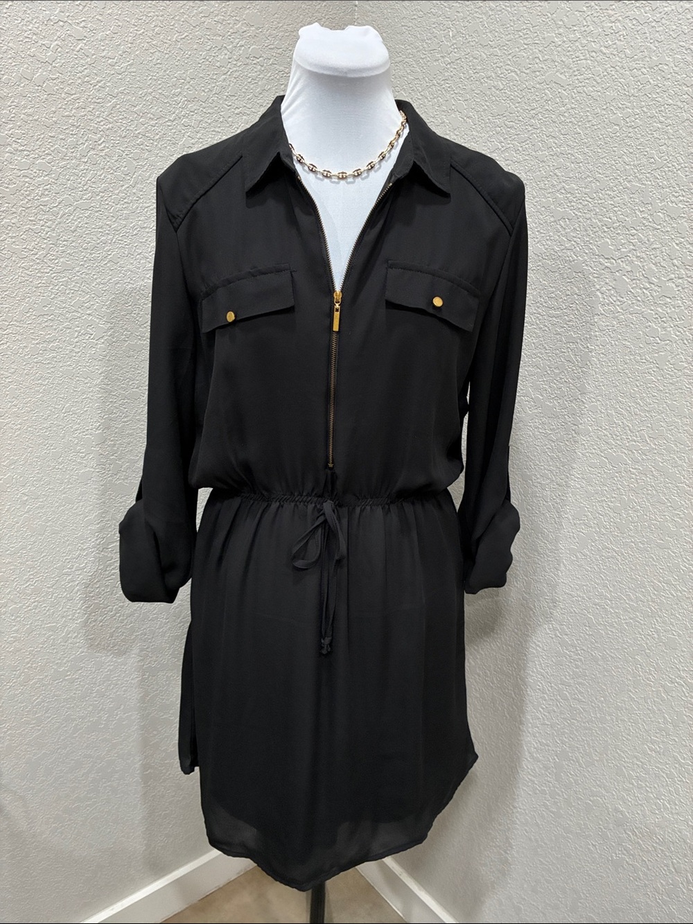New Look Black Shirt Dress with Gold Hardware